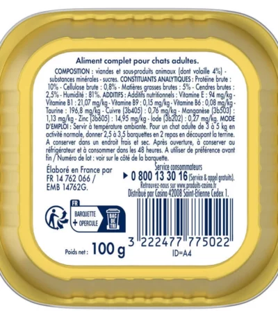 Casino Animaplus Pâtée Chats Volaille - 100 gr